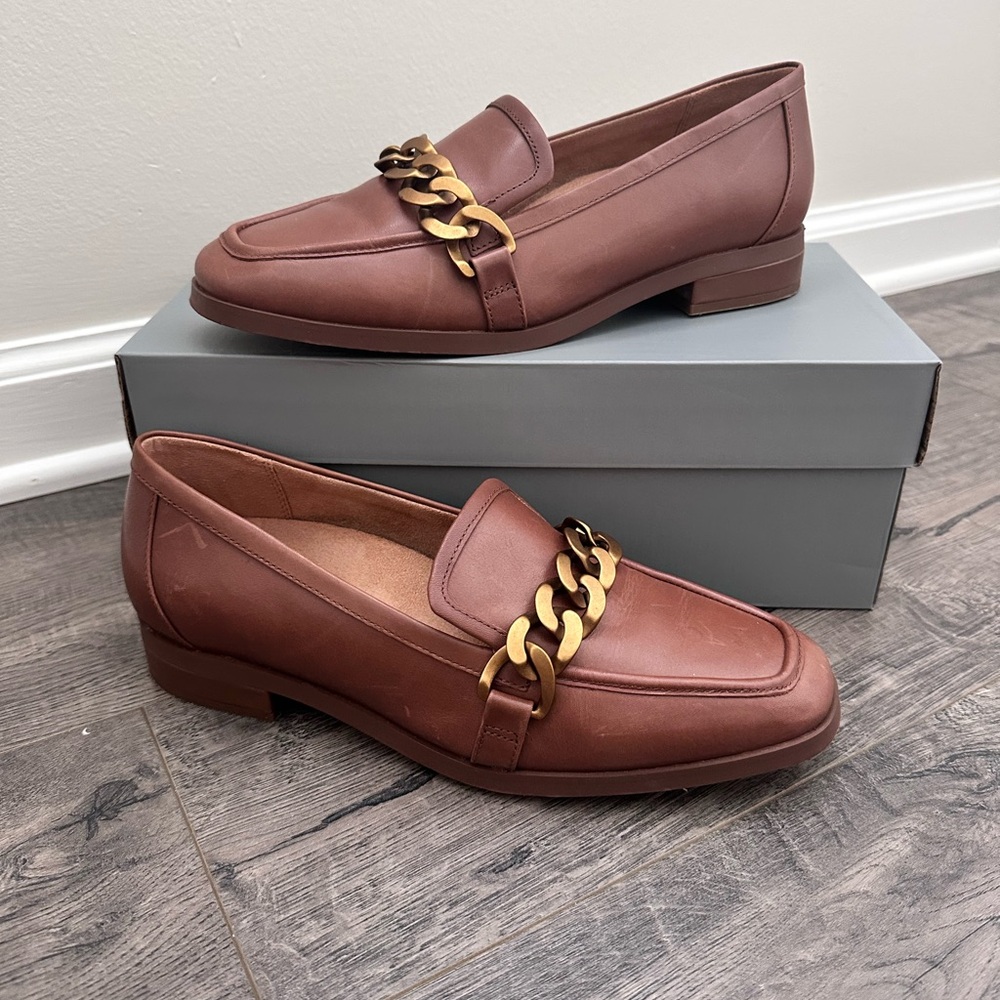 Vionic Brown Loafers with Gold Chain Accent